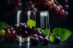 två glasögon av vin med vindruvor på en mörk bakgrund. ai-genererad foto