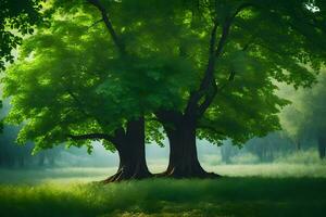 två träd i de mitten av en grön fält. ai-genererad foto