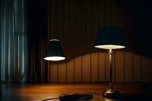 två lampor är på en trä- golv i en mörk rum. ai-genererad foto