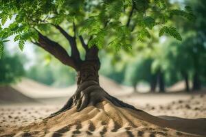 en träd med rötter växande ut av de sand. ai-genererad foto