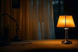 en lampa är på en tabell i främre av en ridå. ai-genererad foto