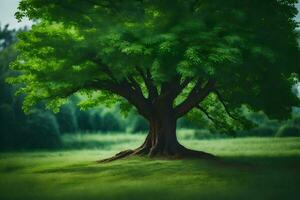 en stor träd i en fält med grön löv. ai-genererad foto