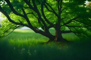 en träd i en fält med grön löv. ai-genererad foto