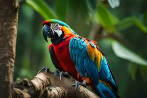en färgrik papegoja är Sammanträde på en gren. ai-genererad foto