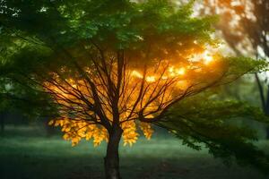 en träd med ljus gul löv i de mitten av en fält. ai-genererad foto