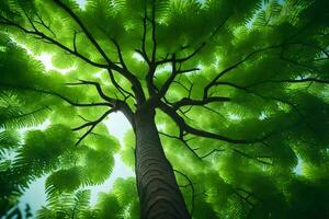 en träd i de skog med grön löv. ai-genererad foto