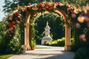 en bröllop båge dekorerad med blommor. ai-genererad foto