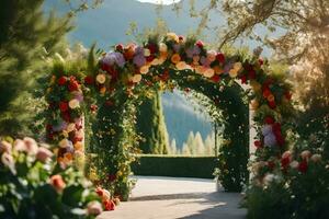 en bröllop båge med blommor i de bakgrund. ai-genererad foto