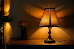 en lampa på en tabell i en mörk rum. ai-genererad foto