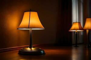 en lampa är Sammanträde på en tabell i en mörk rum. ai-genererad foto