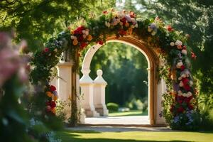 en skön archway med blommor och grönska. ai-genererad foto