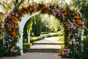 ett archway med blommor och grönska. ai-genererad foto