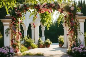 en bröllop båge med rosa blommor och vit pelare. ai-genererad foto