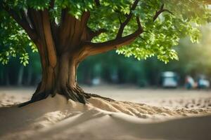 en träd är växande i de sand på en sandig strand. ai-genererad foto
