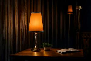 en lampa på en tabell Nästa till en bok och en växt. ai-genererad foto