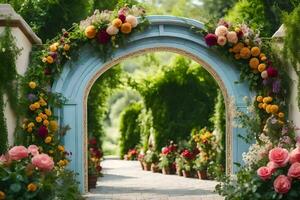 ett archway med blommor och grönska. ai-genererad foto