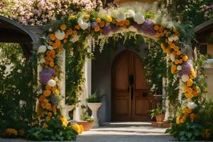 ett archway dekorerad med blommor och grönska. ai-genererad foto