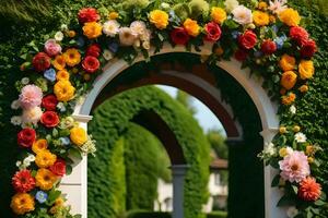 en färgrik archway dekorerad med blommor är visad. ai-genererad foto