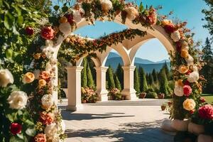 ett archway med blommor och grönska i främre av en berg. ai-genererad foto