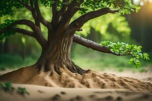 en träd med rötter växande ut av de sand. ai-genererad foto