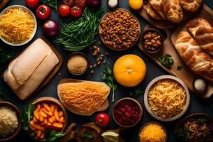 olika livsmedel Inklusive bröd, ost, grönsaker och Övrig Ingredienser. ai-genererad foto