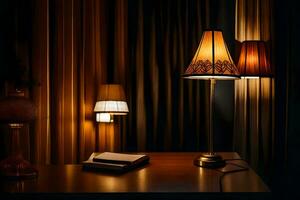 en lampa är Sammanträde på en tabell Nästa till en bok. ai-genererad foto