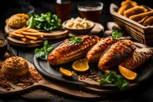 grillad kyckling vingar på en tallrik med frites och Övrig mat. ai-genererad foto