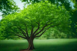 en träd är visad i en grön fält. ai-genererad foto