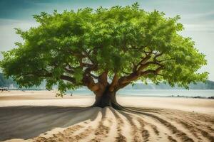 en träd på de strand med sand och vatten. ai-genererad foto