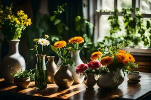 blommor i vaser på en tabell. ai-genererad foto