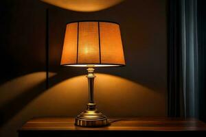 en lampa på en tabell i en mörk rum. ai-genererad foto