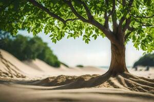 en träd är växande ut av de sand på en strand. ai-genererad foto