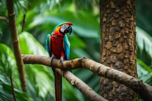 en färgrik papegoja sitter på en gren i de djungel. ai-genererad foto