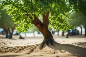 en träd växande ut av de sand i de mitten av en strand. ai-genererad foto