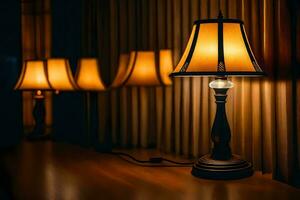 en lampa är belyst i de mörk med gardiner. ai-genererad foto