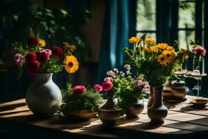 blommor i vaser på en tabell. ai-genererad foto