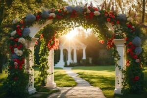 ett archway med blommor och grönska i de Sol. ai-genererad foto