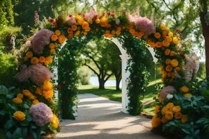 en bröllop båge dekorerad med blommor i de parkera. ai-genererad foto