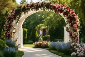 en skön archway med blommor och grönska. ai-genererad foto