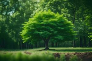 en träd i de mitten av en grön skog. ai-genererad foto