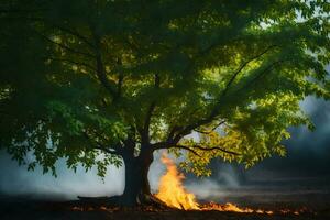 en träd med brand kommande ut av Det. ai-genererad foto
