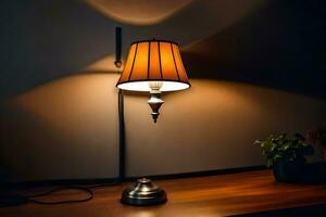 en lampa på en tabell i de mörk. ai-genererad foto