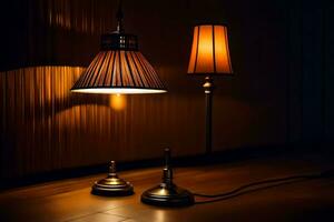 en lampa och en lampa skugga på en trä- golv. ai-genererad foto