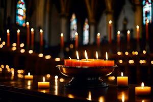 ljus är belyst i en kyrka med ljus i de bakgrund. ai-genererad foto