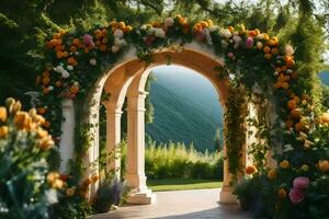 ett archway med orange och gul blommor. ai-genererad foto