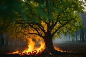 en träd med lågor kommande ut av den i de mitten av en skog. ai-genererad foto