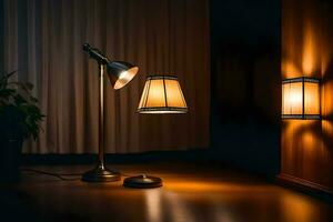 en lampa och en lampskärm på en tabell. ai-genererad foto