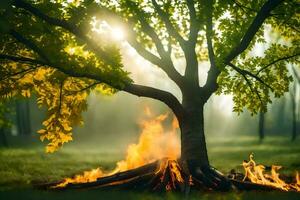 en träd med brand och rök kommande ut av Det. ai-genererad foto