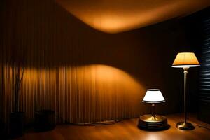 en lampa och en tabell i en mörk rum. ai-genererad foto