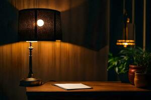 en lampa på en tabell med en notera på Det. ai-genererad foto
